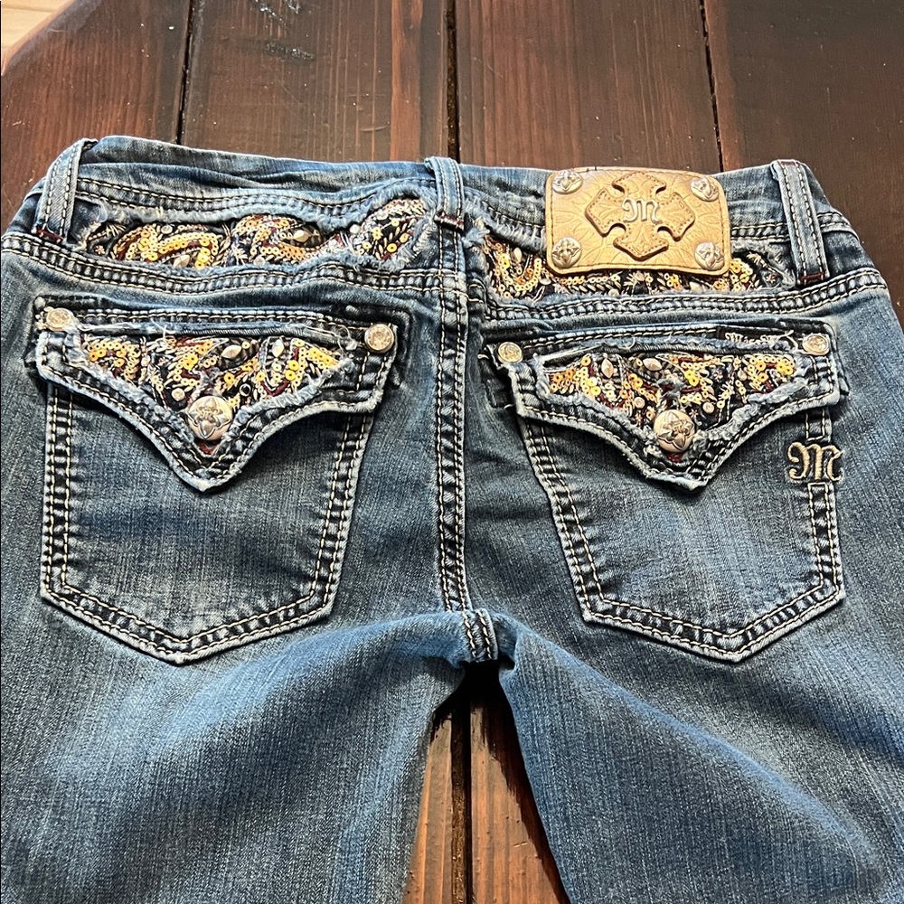 Miss Me Blue Jeans with Gold and Silver Embellishments, Size 27